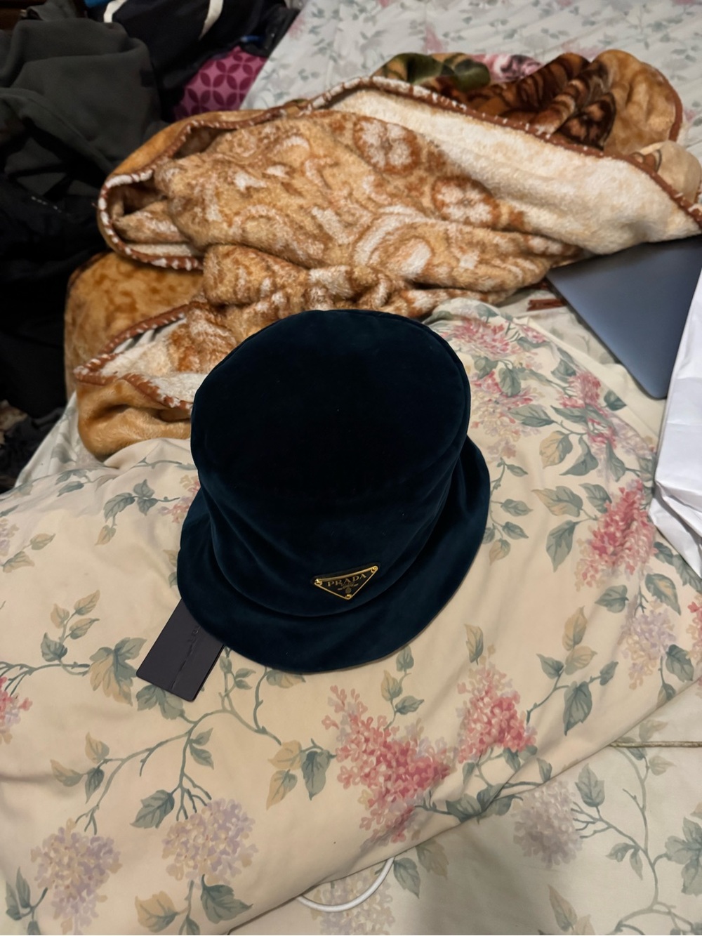 Prada Velvet Bucket Hat in Deep Navy with Gold Triangle Logo
